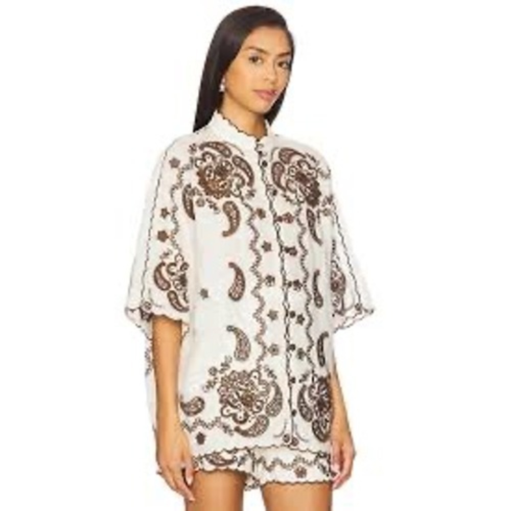 Rare ZIMMERMANN Brown Designer Luxe Embroidered 100% Linen Oversized Shirt SZ 2